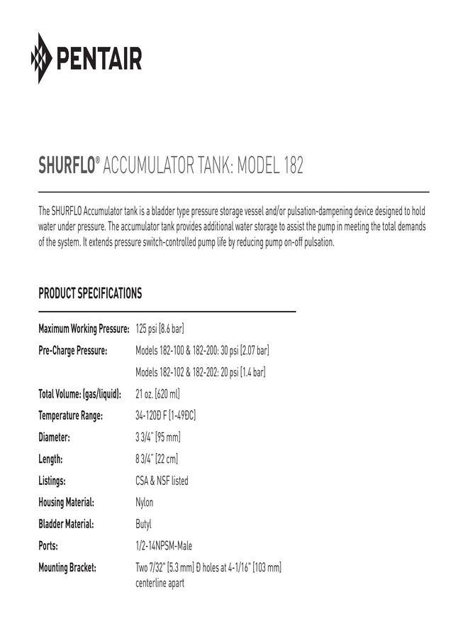 SHURFLO PENTAIR SHURFLO 181201 Accumulator Tank Bladder Type Pressure Storage Vessel Reduces Pump Pulsation Holds Water Under Pressure Max 125 PSI 1/2 inch FNPT Port Nylon Housing Butyl Diaphragm - Image 3